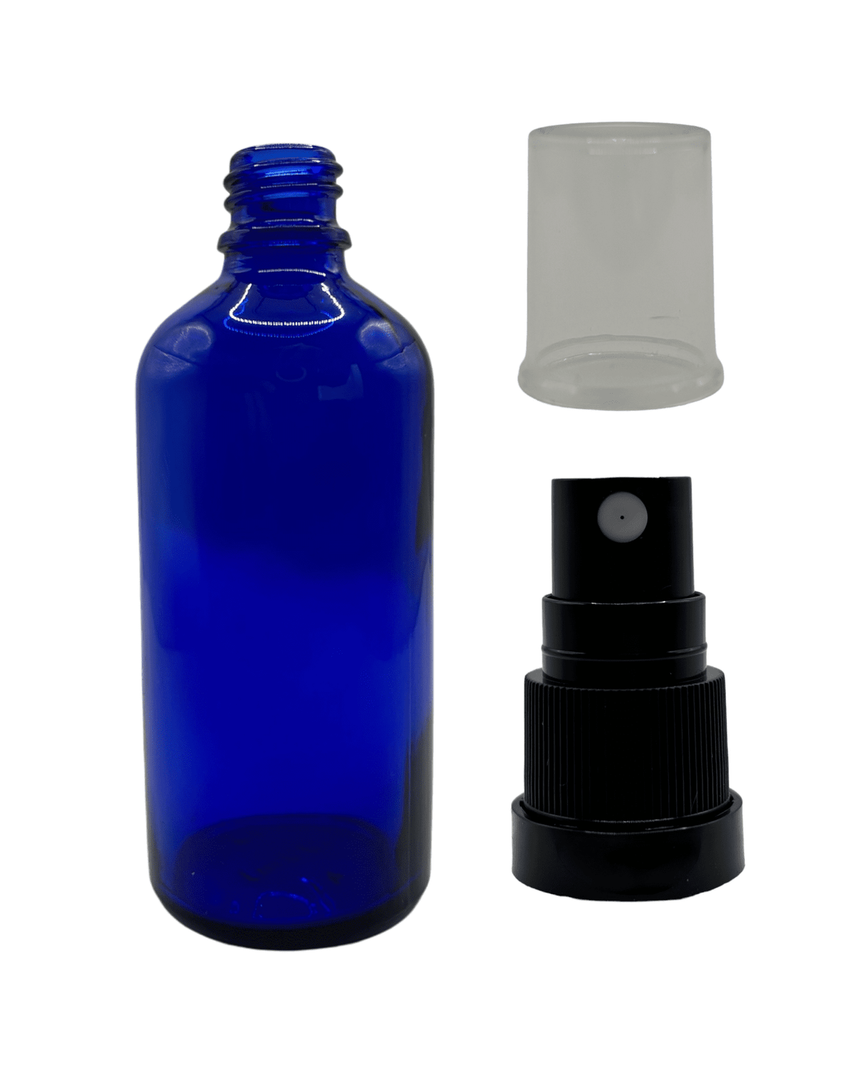 100ml Blue Glass Dropper Bottle & Black Tamper Evident Atomiser