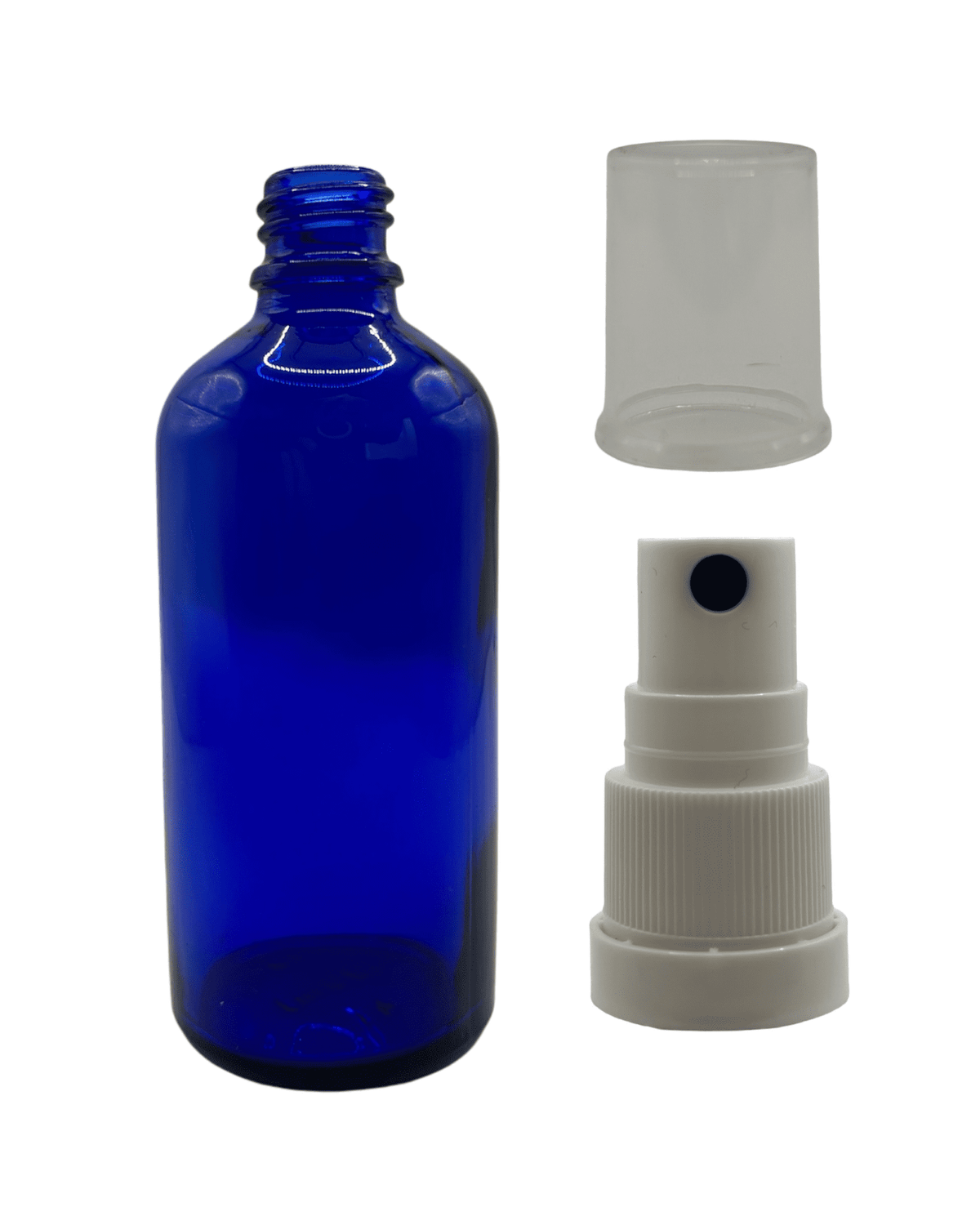 100ml Blue Glass Dropper Bottle & White Tamper Evident Atomiser