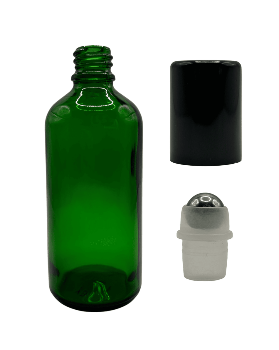 100ml Green Glass Dropper Bottle & Roller Ball and Lid