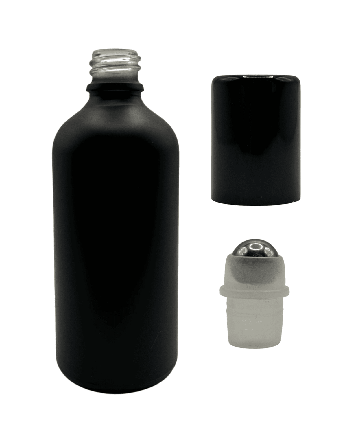 100ml Matte Black Glass Dropper Bottle & Roller Ball and Lid