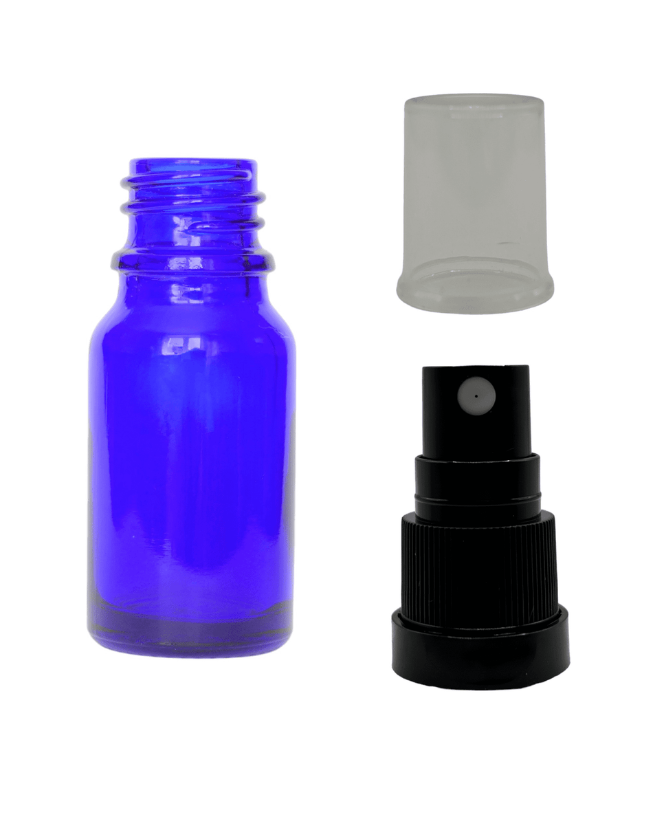 10ml Blue Glass Dropper Bottle & Black Tamper Evident Atomiser