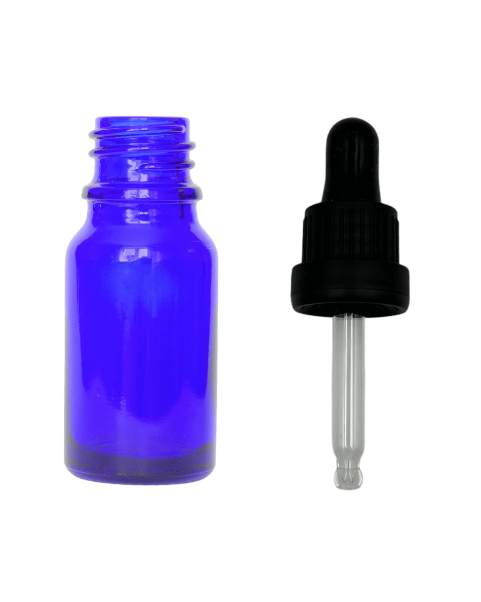 10ml Blue Glass Dropper Bottle & Black Tamper Evident Ball Ended Pipette