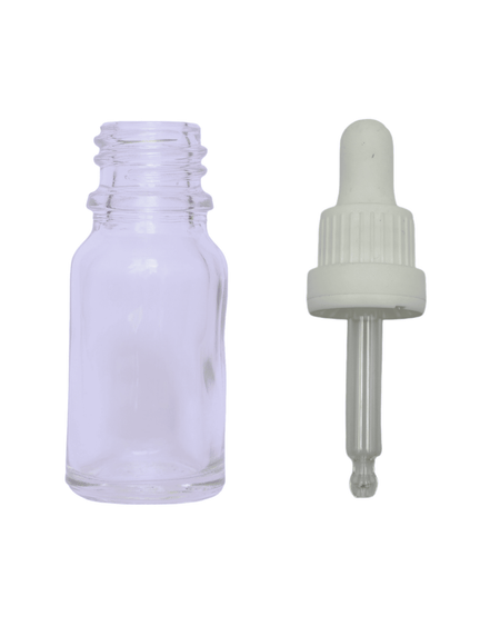 10ml Clear Glass Dropper Bottle & White Tamper Evident Ball Ended Pipette