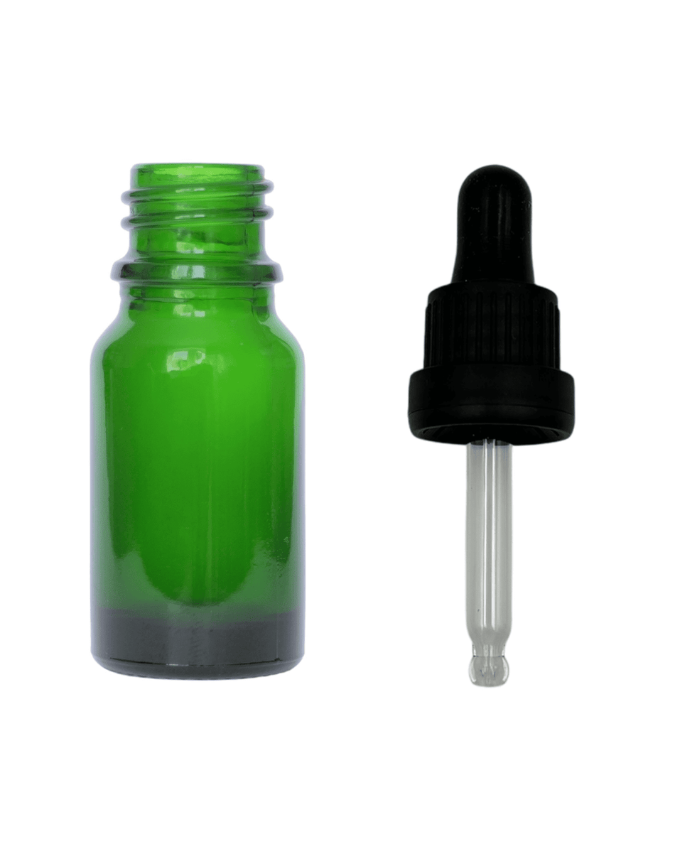 10ml Green Glass Dropper Bottle & Black Tamper Evident Ball Ended Pipette