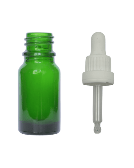 10ml Green Glass Dropper Bottle & White Tamper Evident Ball Ended Pipette