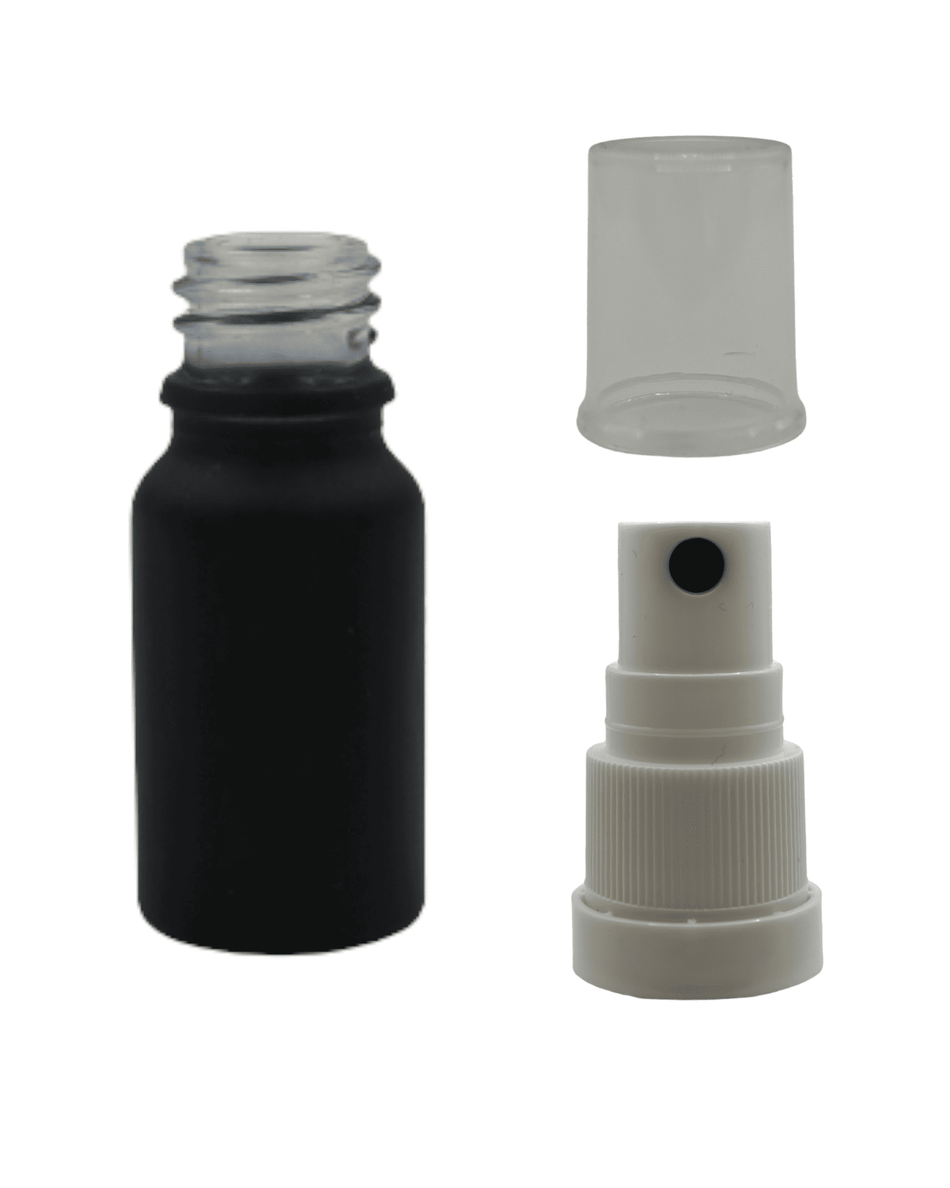 10ml Matte Black Glass Dropper Bottle & White Tamper Evident Atomiser