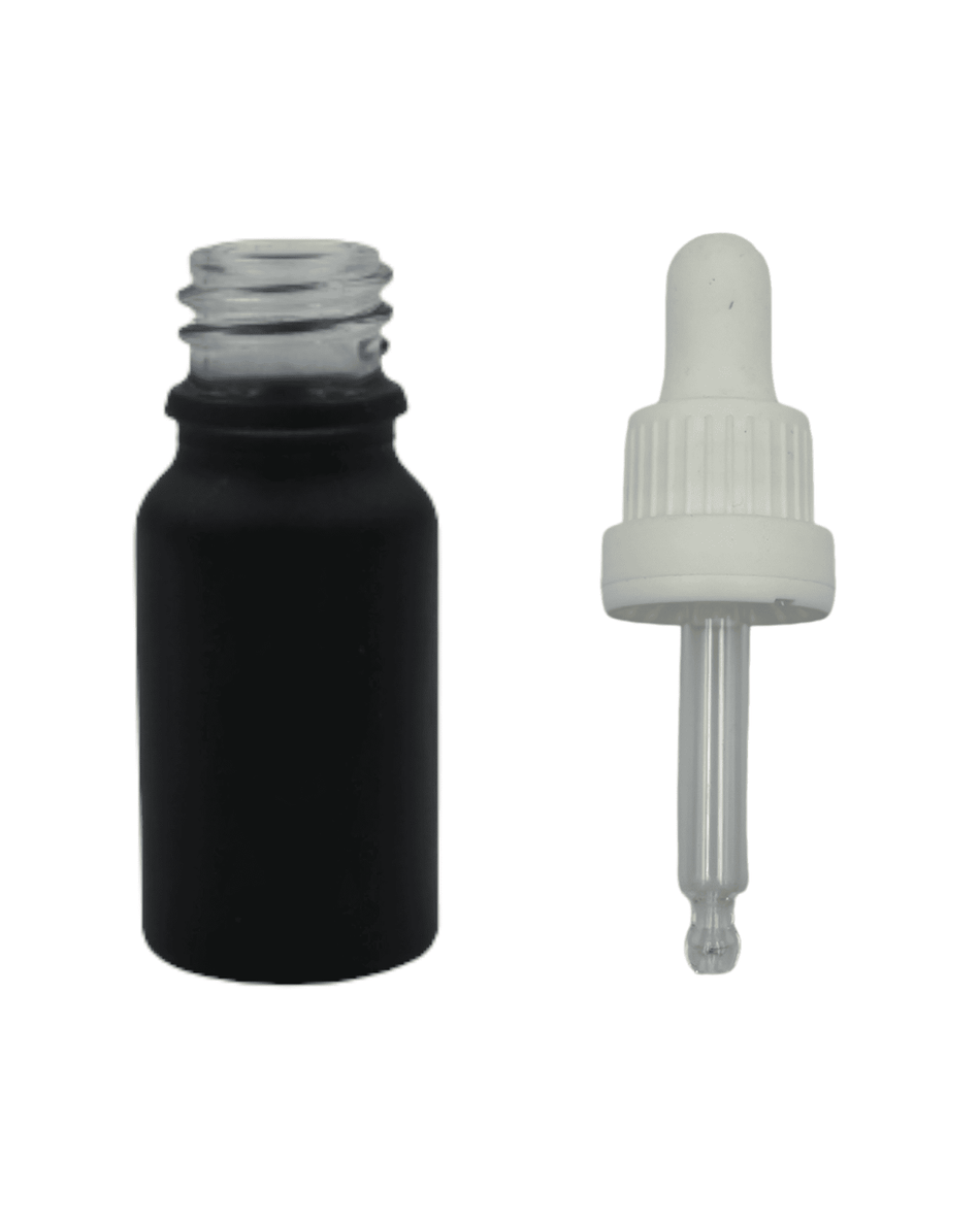 10ml Matte Black Glass Dropper Bottle & White Tamper Evident Ball Ended Pipette