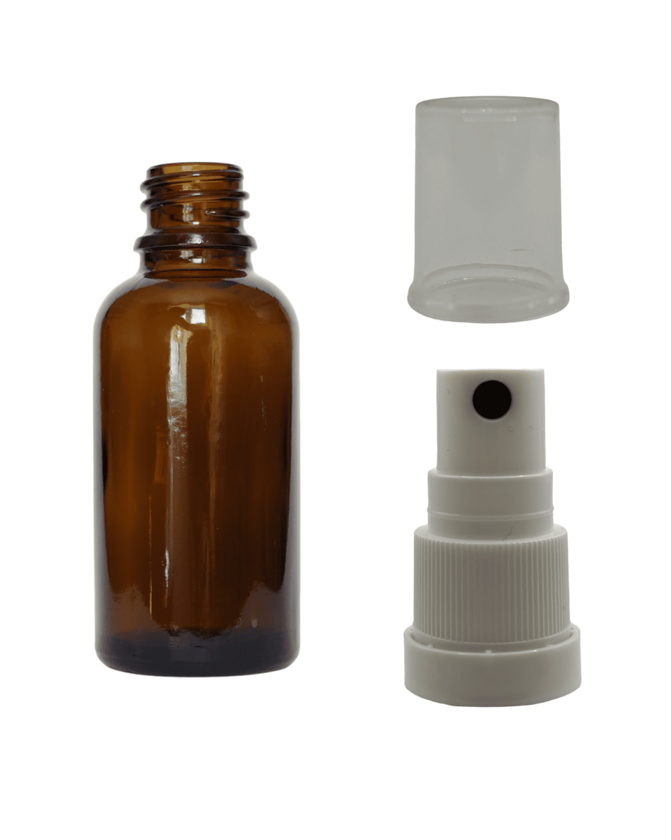 30ml Amber Glass Dropper Bottle & White Tamper Evident Atomiser