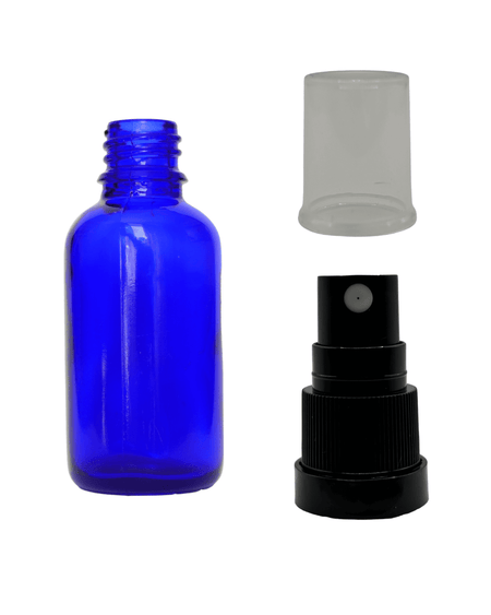 30ml Blue Glass Dropper Bottle & Black Tamper Evident Atomiser