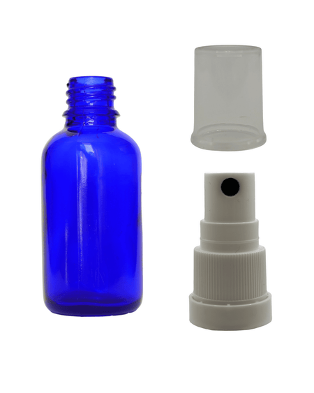 30ml Blue Glass Dropper Bottle & White Tamper Evident Atomiser