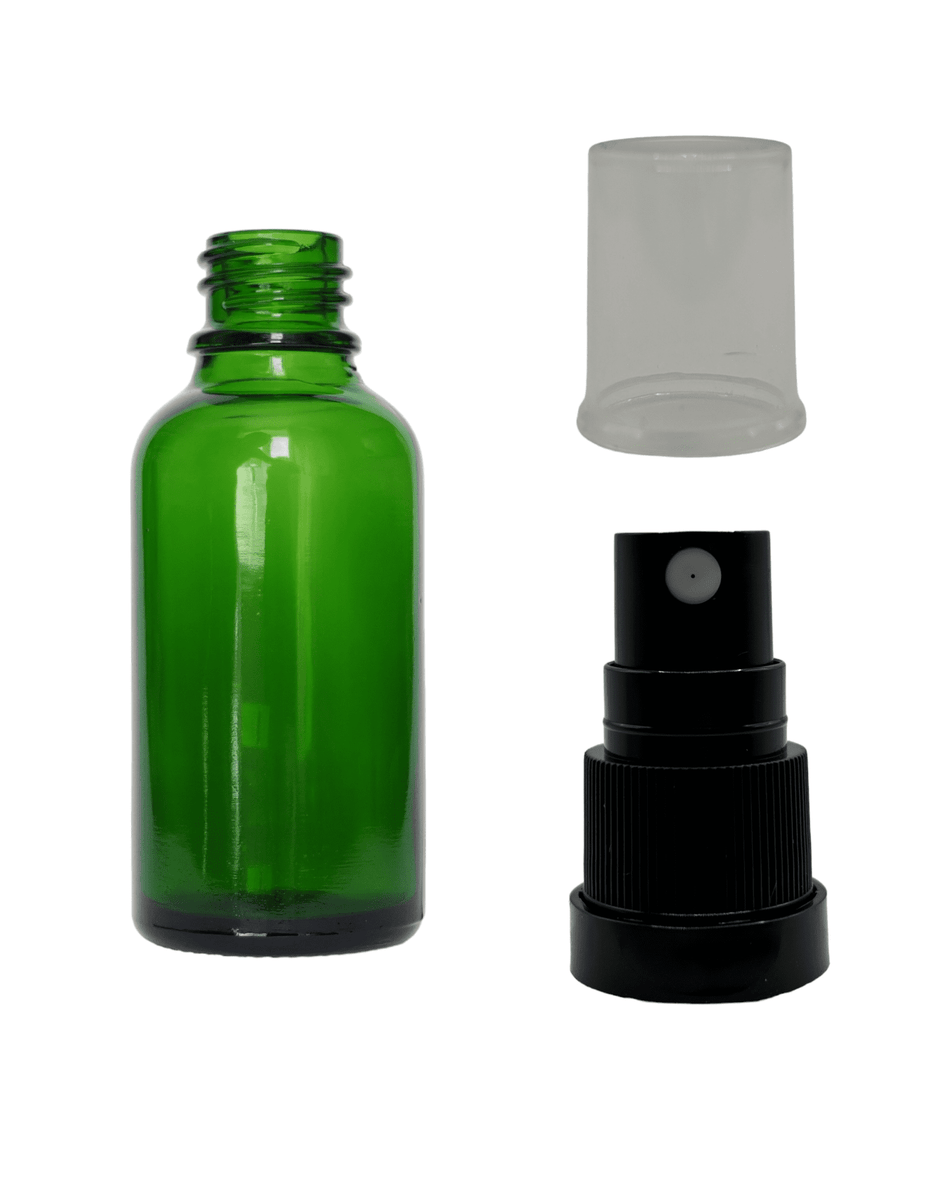 30ml Green Glass Dropper Bottle & Black Tamper Evident Atomiser