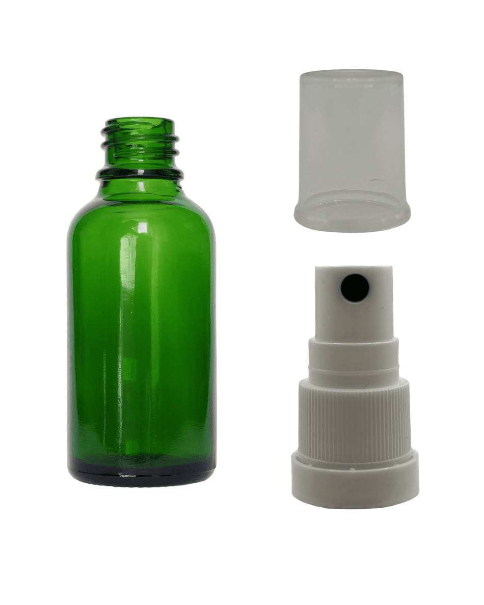 30ml Green Glass Dropper Bottle & White Tamper Evident Atomiser