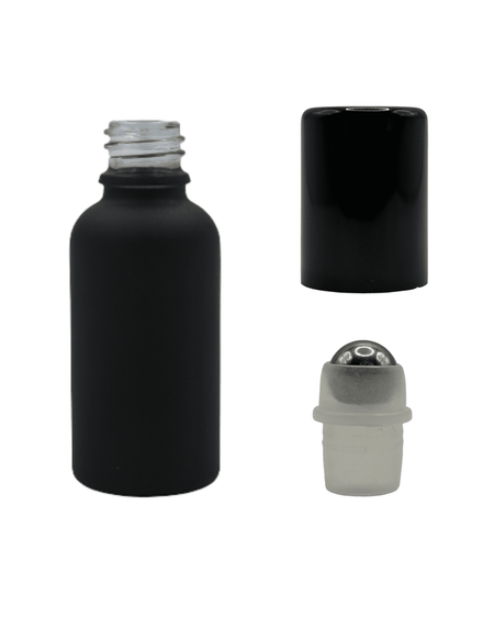 30ml Matte Black Glass Dropper Bottle & Roller Ball and Lid