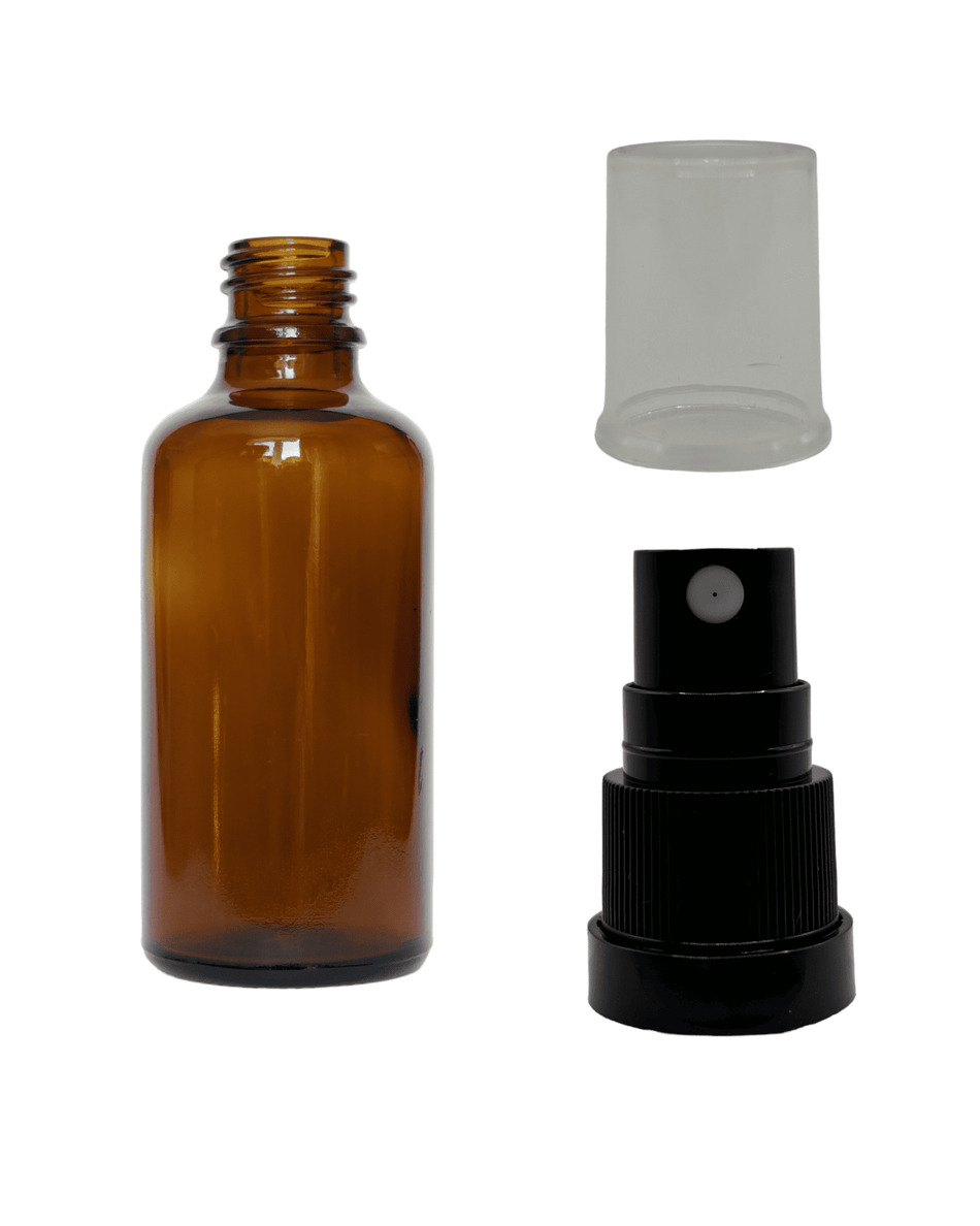 50ml Amber Glass Dropper Bottle & Black Tamper Evident Atomiser