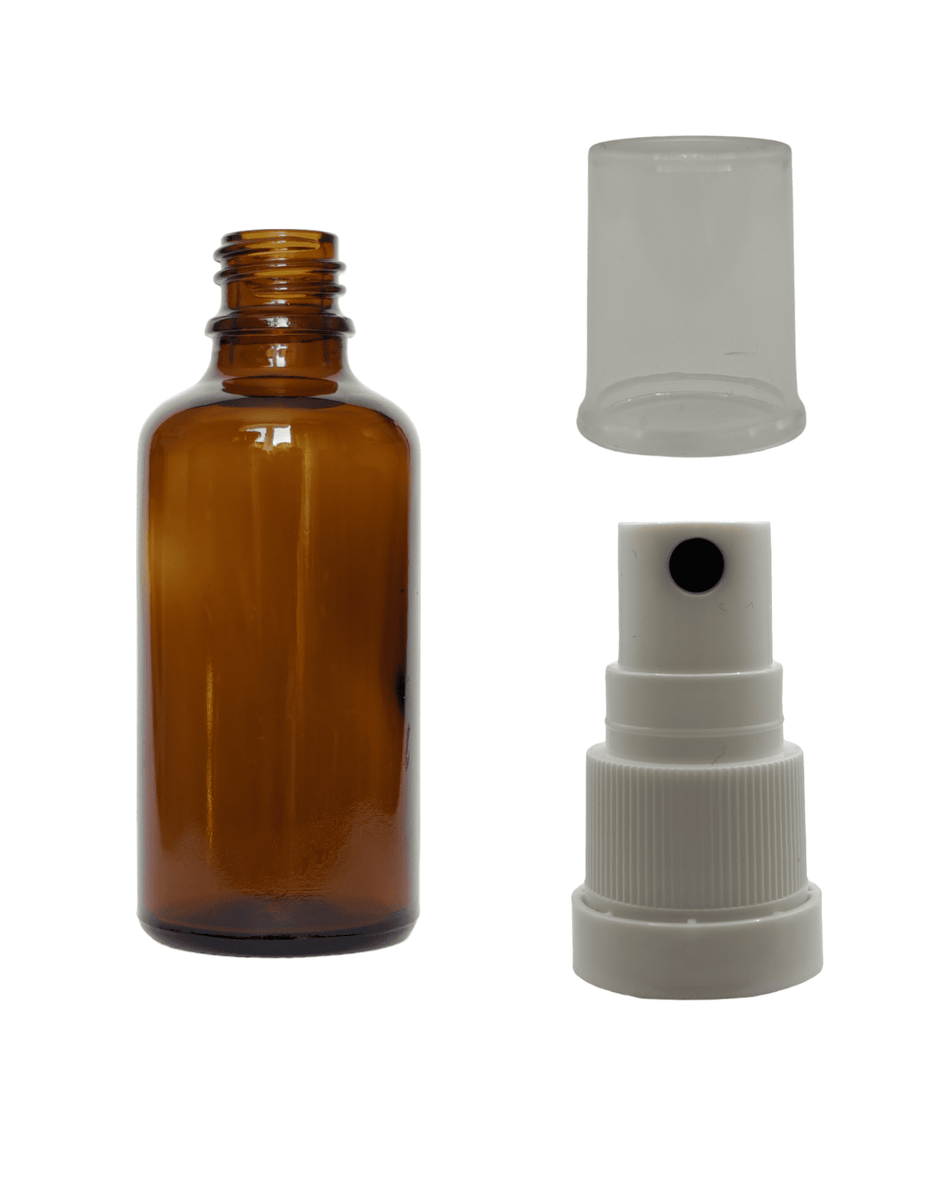 50ml Amber Glass Dropper Bottle & White Tamper Evident Atomiser