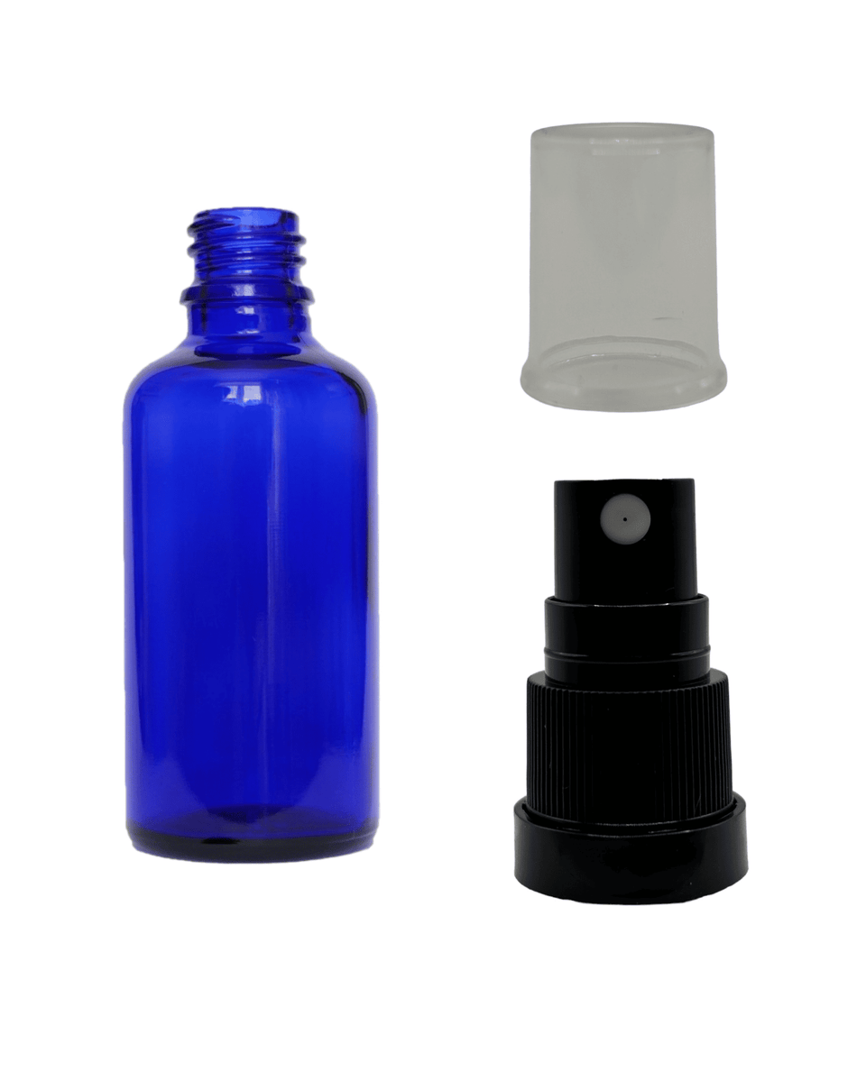 50ml Blue Glass Dropper Bottle & Black Tamper Evident Atomiser