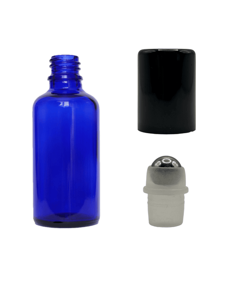 50ml Blue Glass Dropper Bottle & Roller Ball and Lid