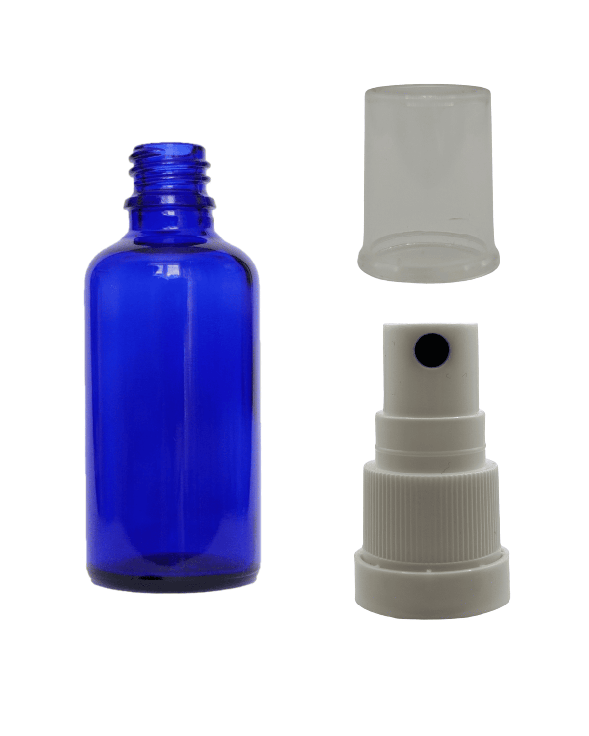 50ml Blue Glass Dropper Bottle & White Tamper Evident Atomiser