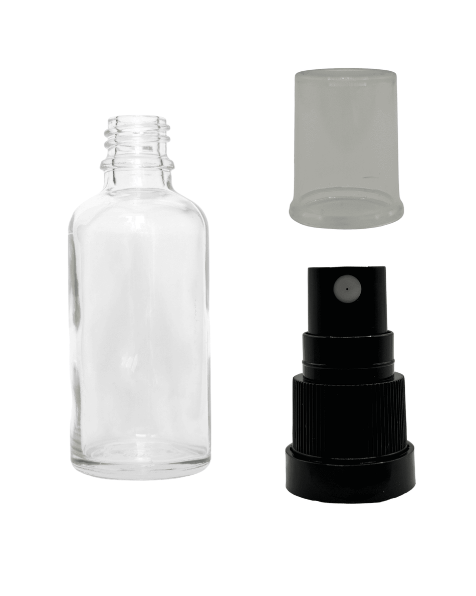 50ml Clear Glass Dropper Bottle & Black Tamper Evident Atomiser