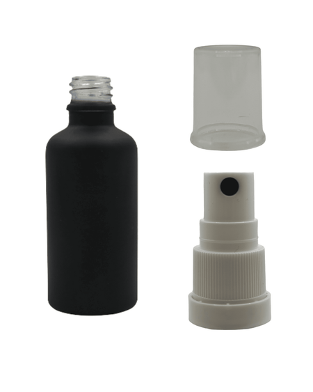 50ml Matte Black Glass Dropper Bottle & White Tamper Evident Atomiser