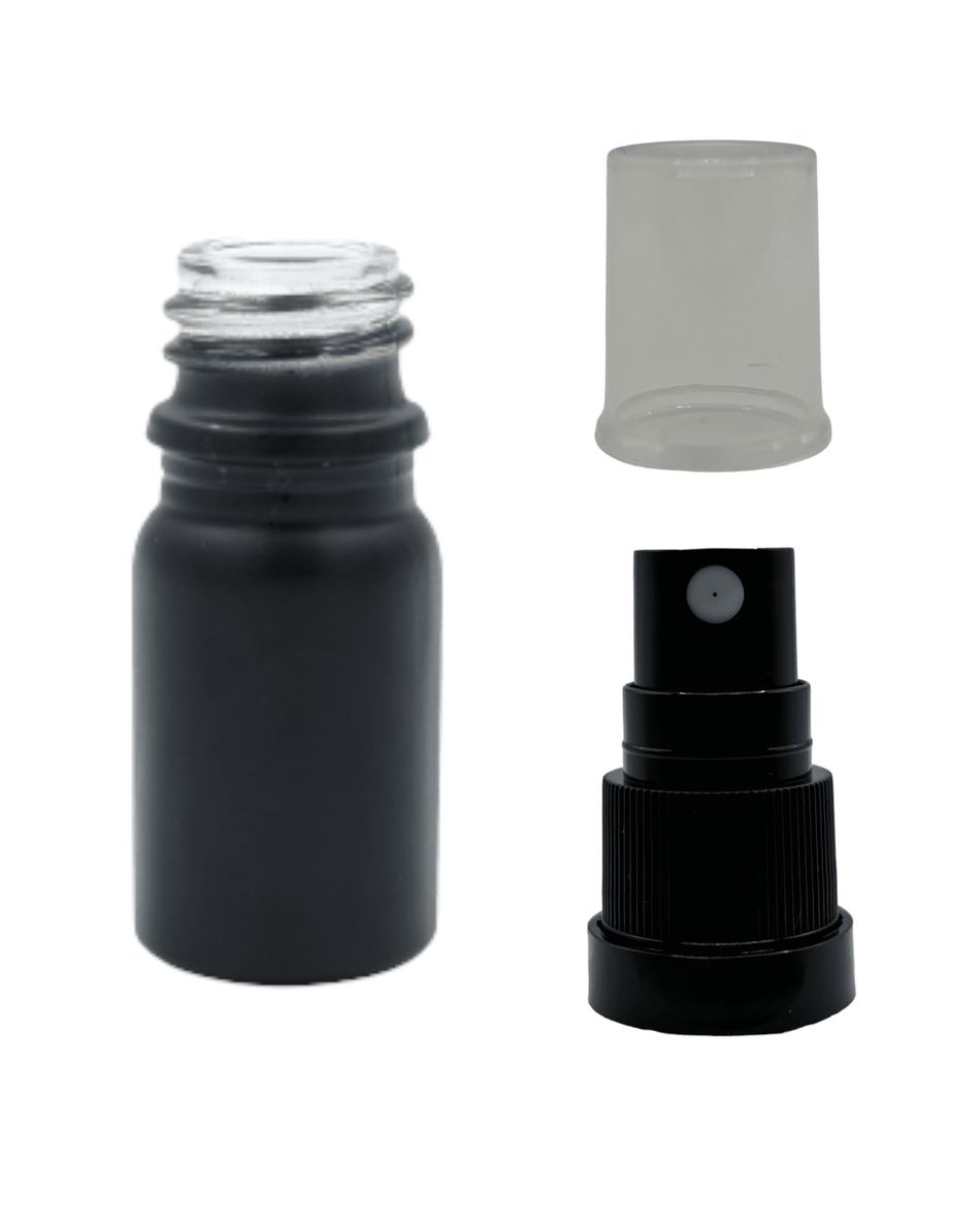 5ml Matte Black Glass Dropper Bottle & Black Tamper Evident Atomiser